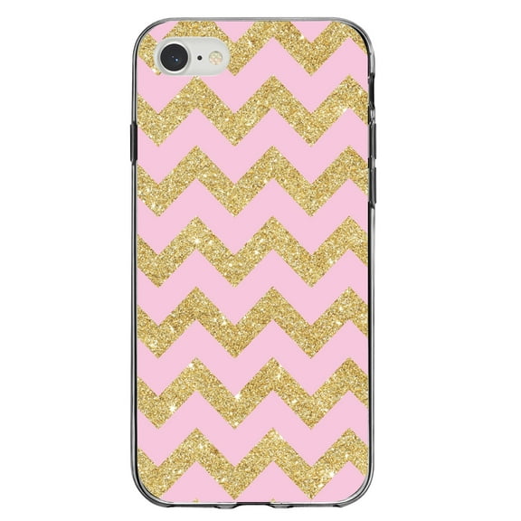 DistinctInk Clear Shockproof Hybrid Case for iPhone 7 8 SE (2020 Model) 4.7" Screen TPU Bumper Acrylic Back Tempered Glass Screen Protector - Pink & Gold Print - Chevron Pattern