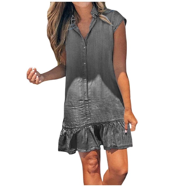 Plus Size Dresses Elegant Solid V Neck Sleeveless Button Front Ruffled Hem Short with Pleated Bust Womens Dress Grey XXXL