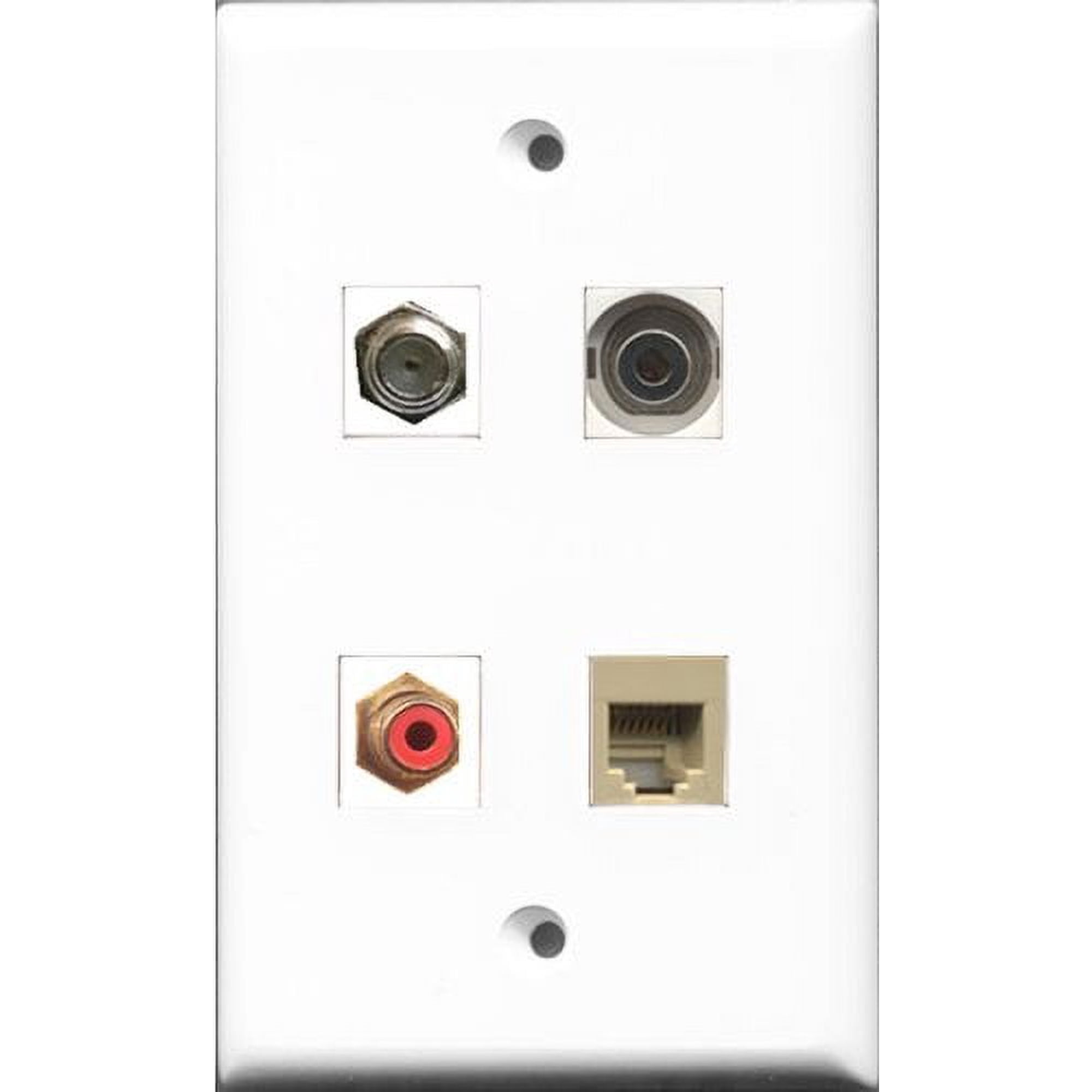RiteAV 1 Port RCA Red and 1 Port Coax Cable TV- F-Type and 1 Port Phone RJ11 RJ12 Beige and 1 Port 3.5mm Wall Plate