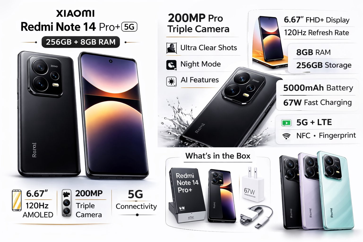 Xiaomi Redmi Note 14 Pro+ Plus 5G + 4G LTE for Tmobile Mint Tello & Global 256GB + 8GB NFC 6.67" 120Hz 200MP Pro AI Camera Model 24115RA8EG Unlocked Dual Sim Midnight Black Midnight Black