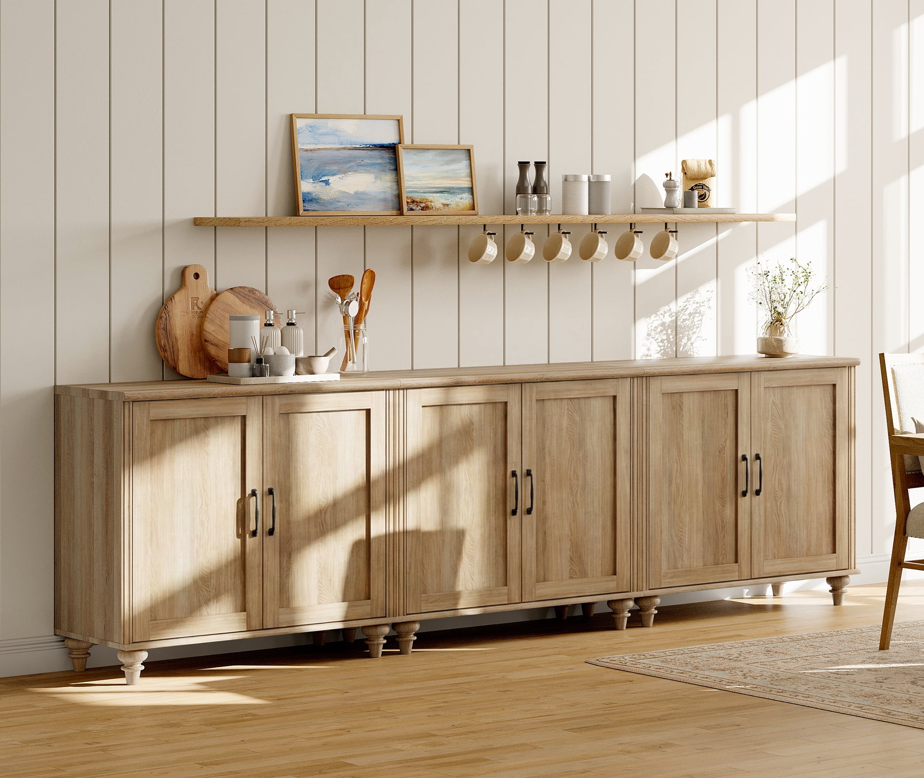 Modern Farmhouse Credenza, 101" Oak Storage Sideboard with Wood Doors