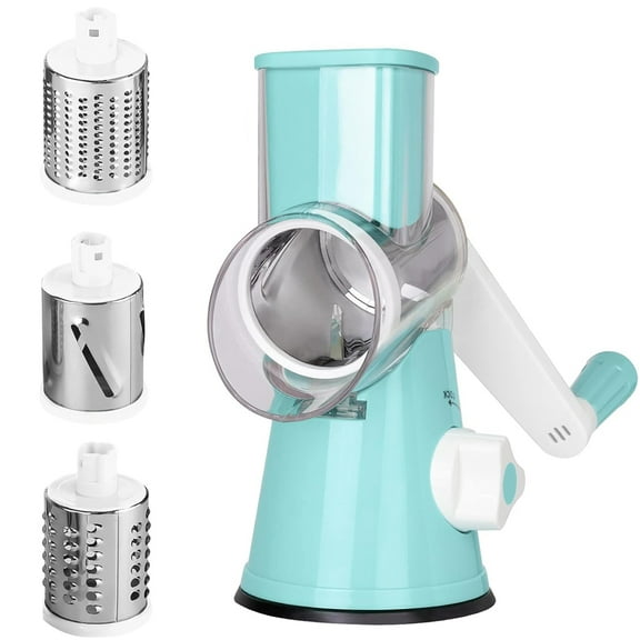 Cheese Grater with Handle, Manual Cheese Shredder with Non-slip Suction Base, Vegetable Slicer Nuts Grinder Cheese Shredder with 3 Interchangeable Blades (Blue)