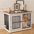 thumbnail image 4 of Sturdy Wooden Dog Crate Furniture – 40 Inch Indoor Kennel Cage with Removable Bowls, Adjustable Feet, Decorative Side Table – Ideal for Medium/Large Dogs – Color: White + Vintage (For Kangjie only), 4 of 9
