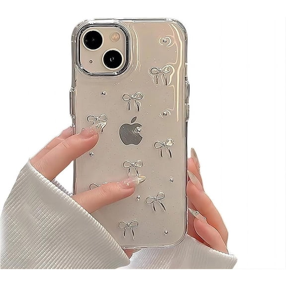 Compatible with iPhone Case,Luxury Glitter 3D Metal Bowknot,Clear Full Body Protection Soft Shockproof Cover Phone Case (White,iPhone 13 Pro Max)