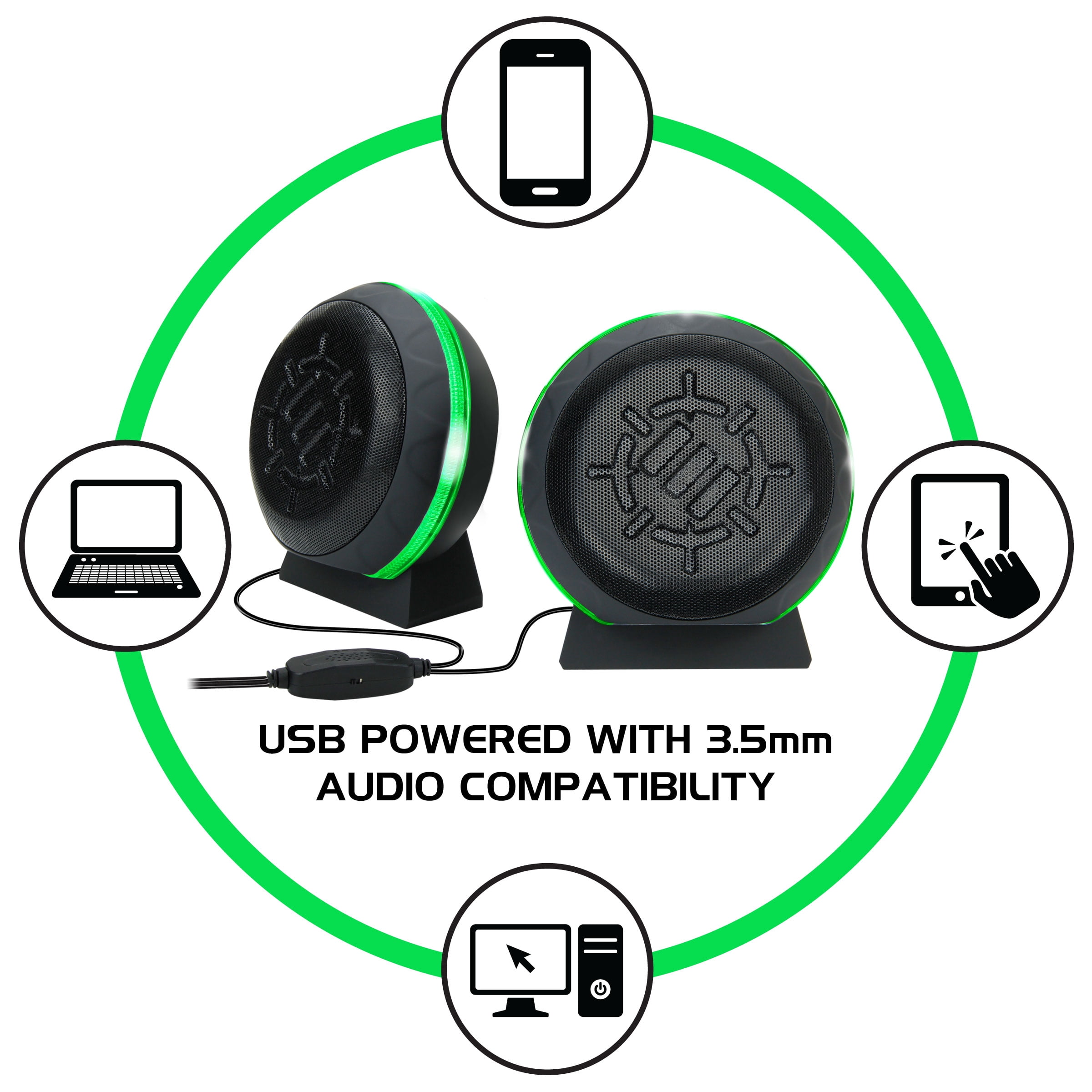 ENHANCE Gaming LED Computer Speakers with Subwoofer , Powerful 5W Drivers and In-Line Volume Control - Green Lights , USB 2.0 Powered , 3.5mm Connection for PC , Desktop , Laptop , Notebook