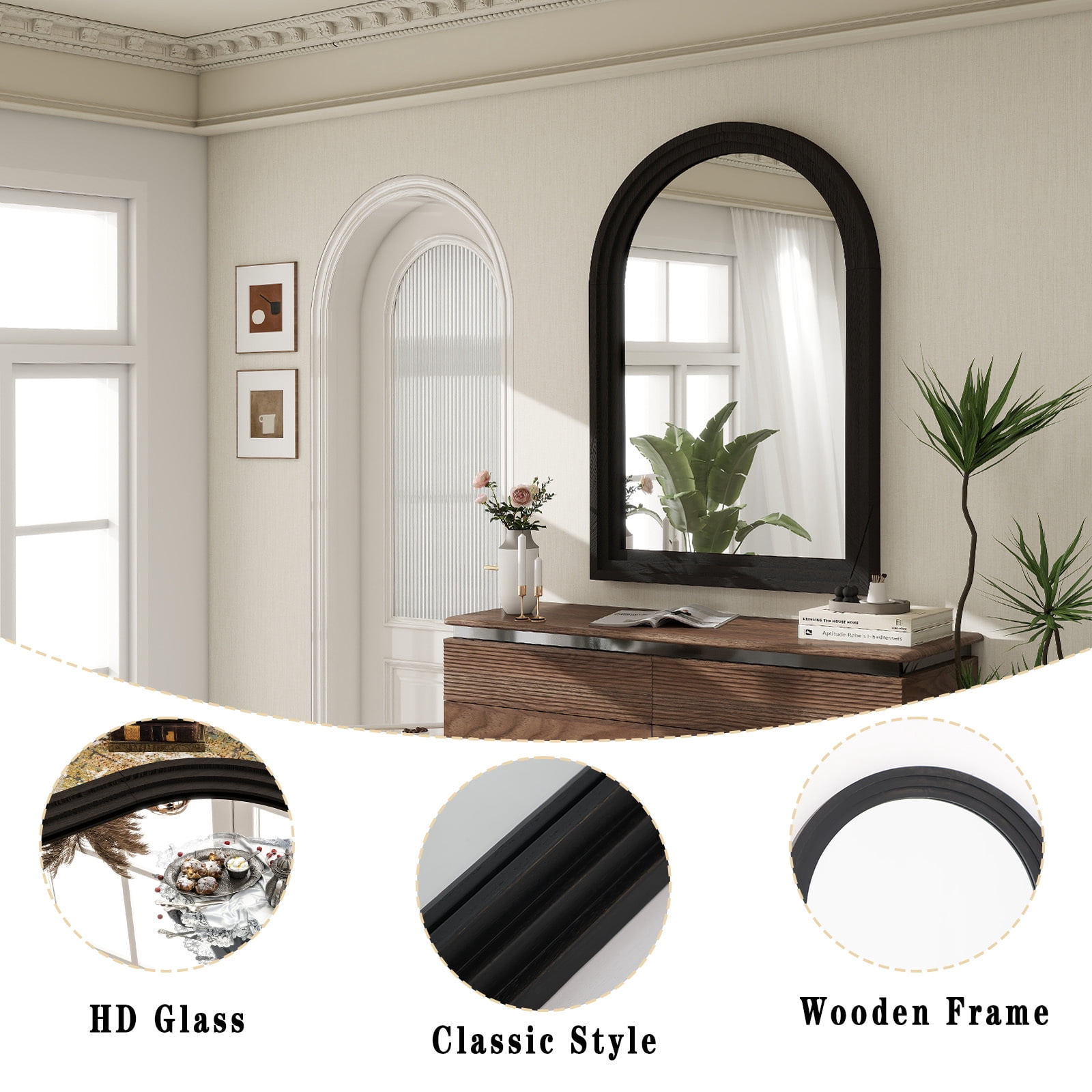 Anyrose 40.2"x30" Arch Wooden Framed Vanity Bathroom Mirror, Black