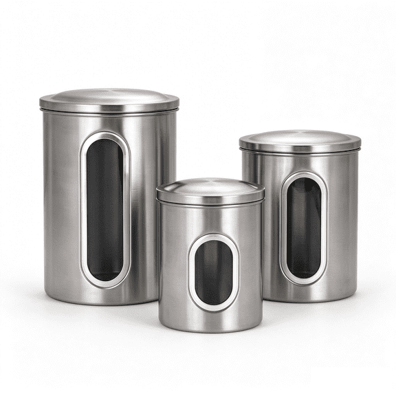 Innovaze 3-Piece Stainless Steel Food Storage Canister Set for Kitchen, See-Through Design for Easy Viewing, Silver