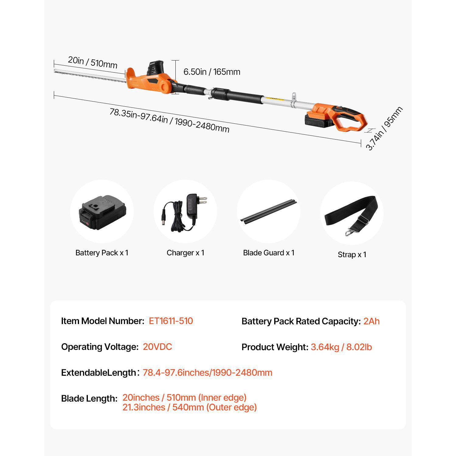 Electric Hedge Trimmer 20V Cordless with 20 Inch Blade 1200 RPM 5 Angle Adjustable Extendable Pole 62 to 78 Ft for High Branch Yard Garden