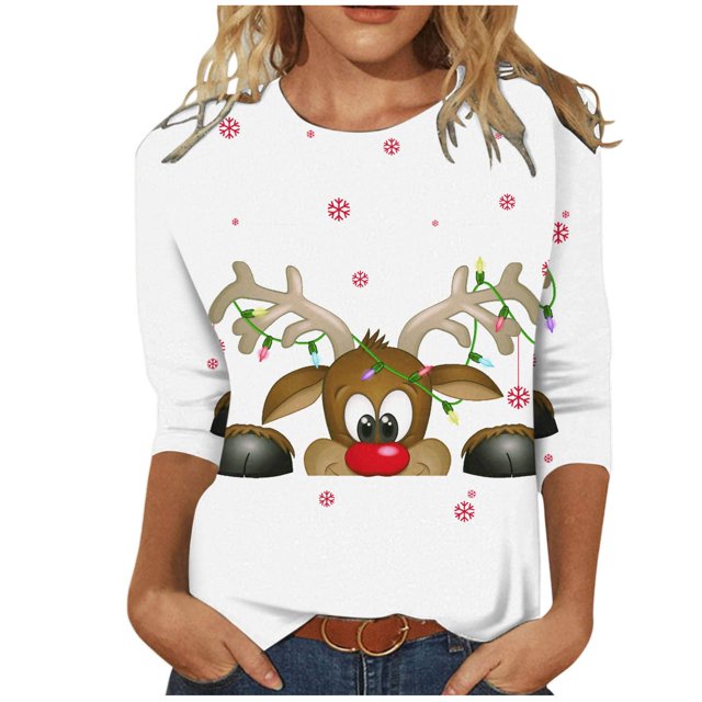 Tops Navideños Para Mujer Blusas Moda Camiseta Estampada 3 4 Mangas Cuello Redondo Casual Odeerbi ODB191492