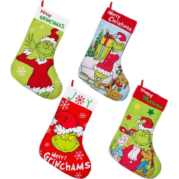 4 Pack Grinchs Stocking,10 Inch Grinchs Christmas Stockings Whoville Decorations for Family Holiday Party Decor
