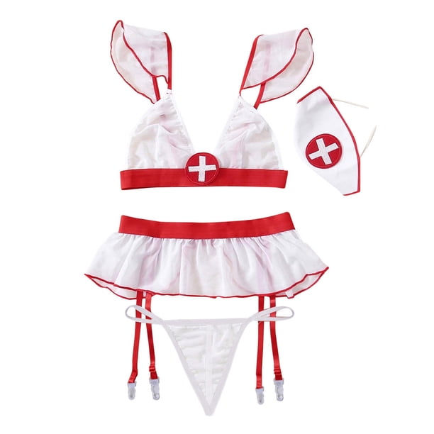Gibobby Lencería de encaje Uniforme de ropa de estilo de mujer con ligas Ropa interior íntima de tentación de enfermera de puntos divertida(Blanco Talla única)