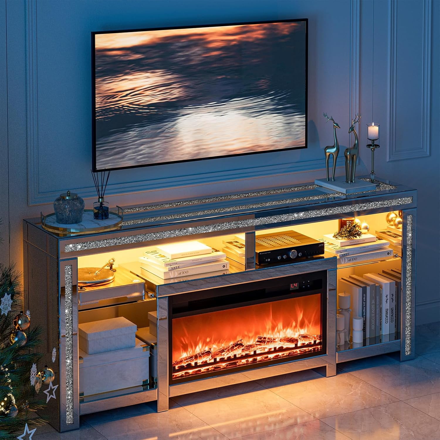 ARICOEASY Mirrored Fireplace TV Stand for 75+ inch TVs, Mirrored TV Stand with Crushed Diamond & LED Light, Silver Entertainment Center with Fireplace & Adjustable Shelves for Living Room