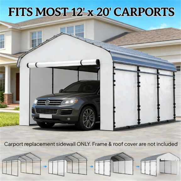 White Car Shed Rain Shelter Sunshade Fits 12'x20' Carports UPF50  PE Fabric Large Zippered Door Easy Assembly for Outdoor Car Protection