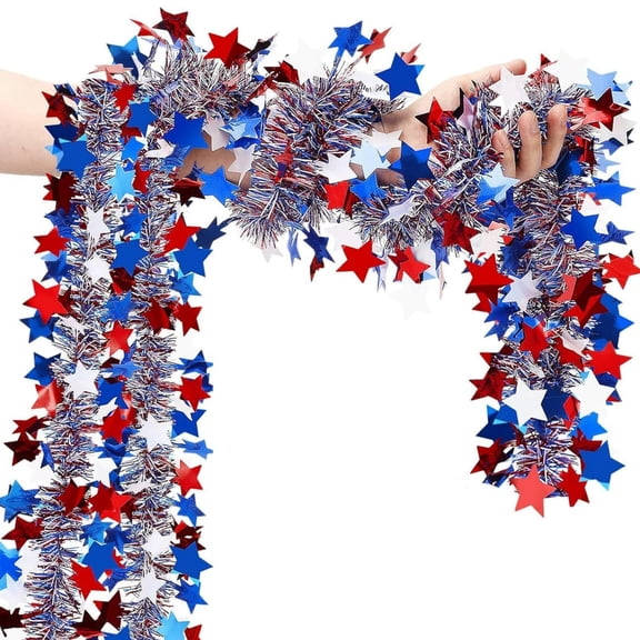 Topboutique Patriotic Tinsel Garland 4th of July Garland Decor 52.5 ft Red White Blue Garland Star Ornaments Metallic Garland for Independence Day Memorial Day Veteran's Day(8 Pcs-6.56 ft/Pc)