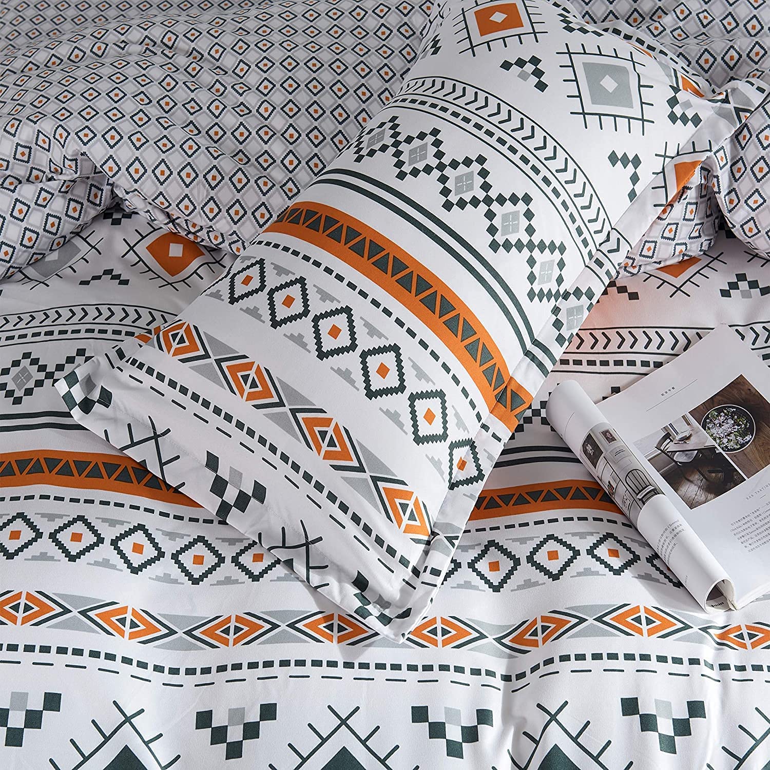 Bohemian Duvet Cover Set Queen Boho Orange and White Geometric Comforter Cover Set Full 90"x90" Soft Breathable Durable Geometrical with Zipper Closure and Corner Ties 3 Pieces Bedding Set