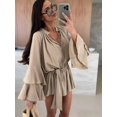 thumbnail image 4 of Women'S Layered Bell Sleeve Tie Neck Mini Dresses Ruffle Belted Tunic Dress Khaki M, 4 of 8