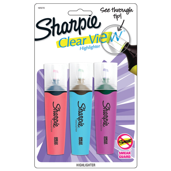 Sharpie® Clear View™ Fluorescent Highlighters, Chisel Tip, Assorted Colors, Pack Of 3