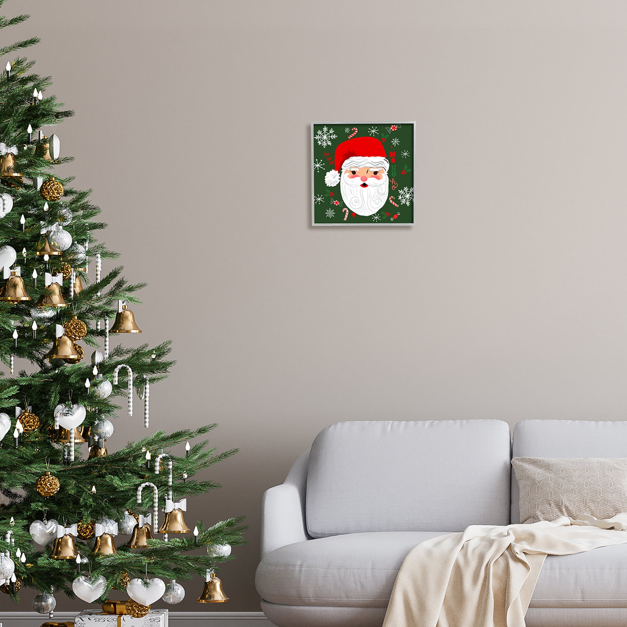 Stupell Industries Jolly Santa on Green Holiday Painting Gray Framed Art Print Wall Art, 12 x 12