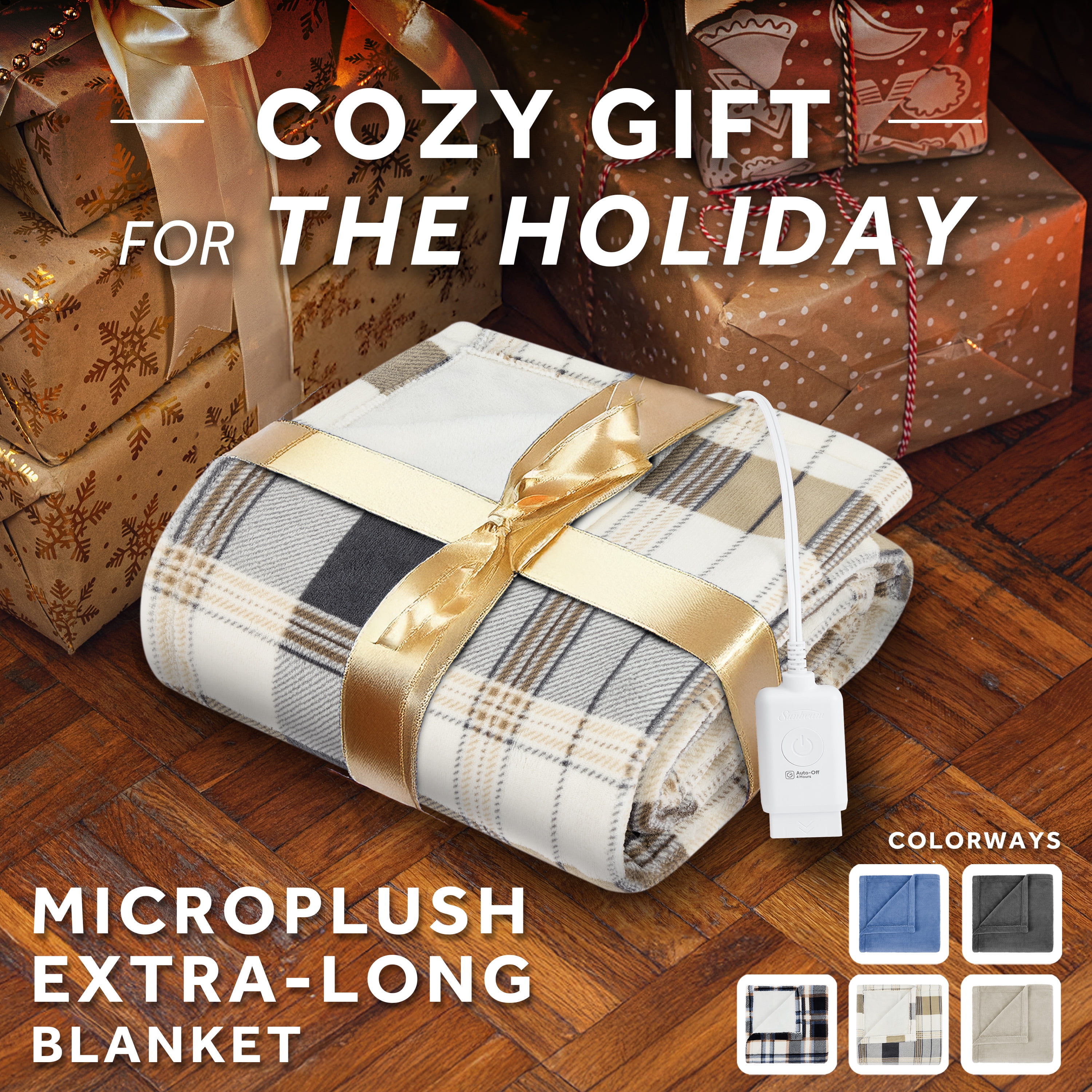 Sunbeam Electric Heated Throw Blanket Neutral Plaid Microplush 4 Heat Settings 50x70