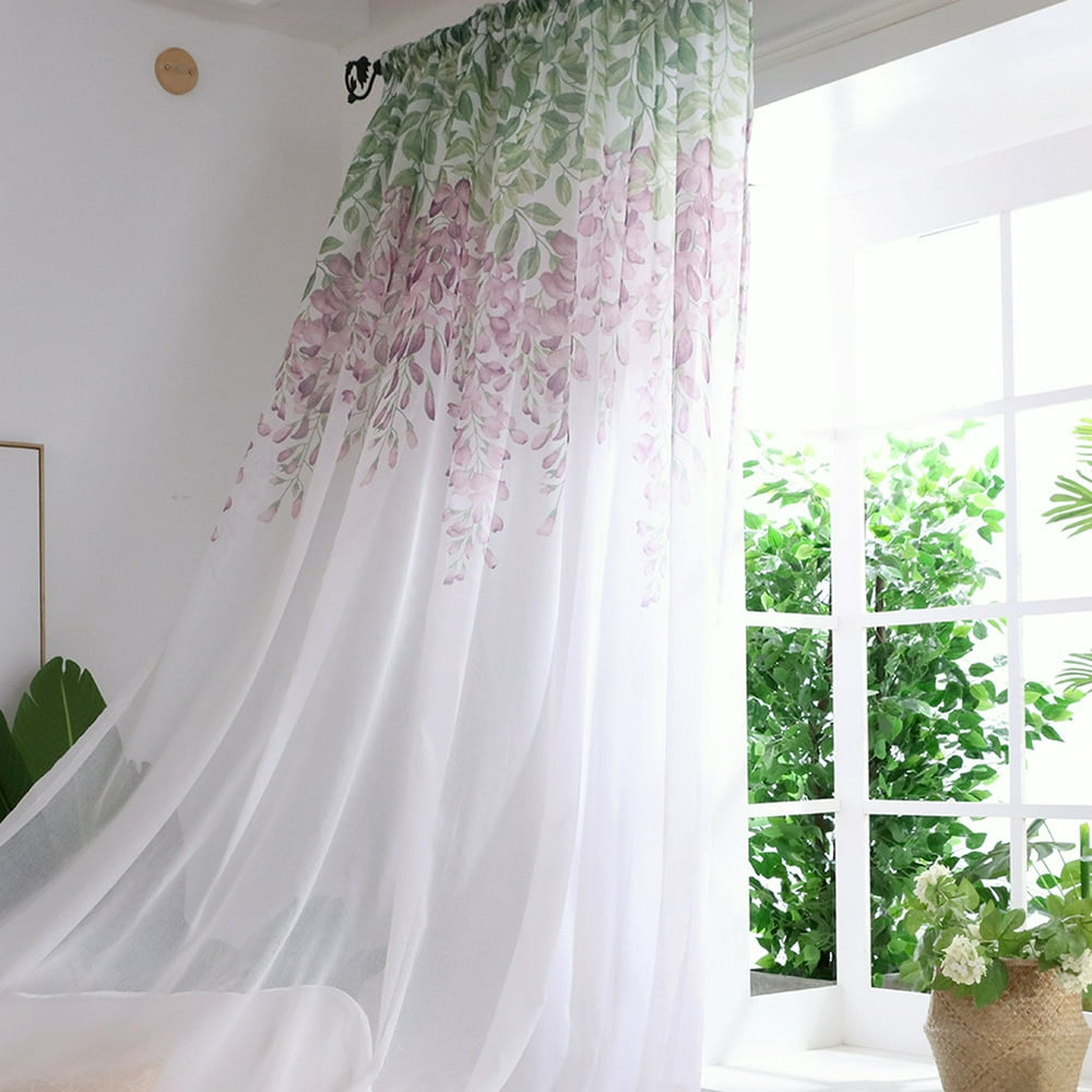 Semi Sheer Voile Cotton Linen Curtain Purple Floral Drapes Bedroom