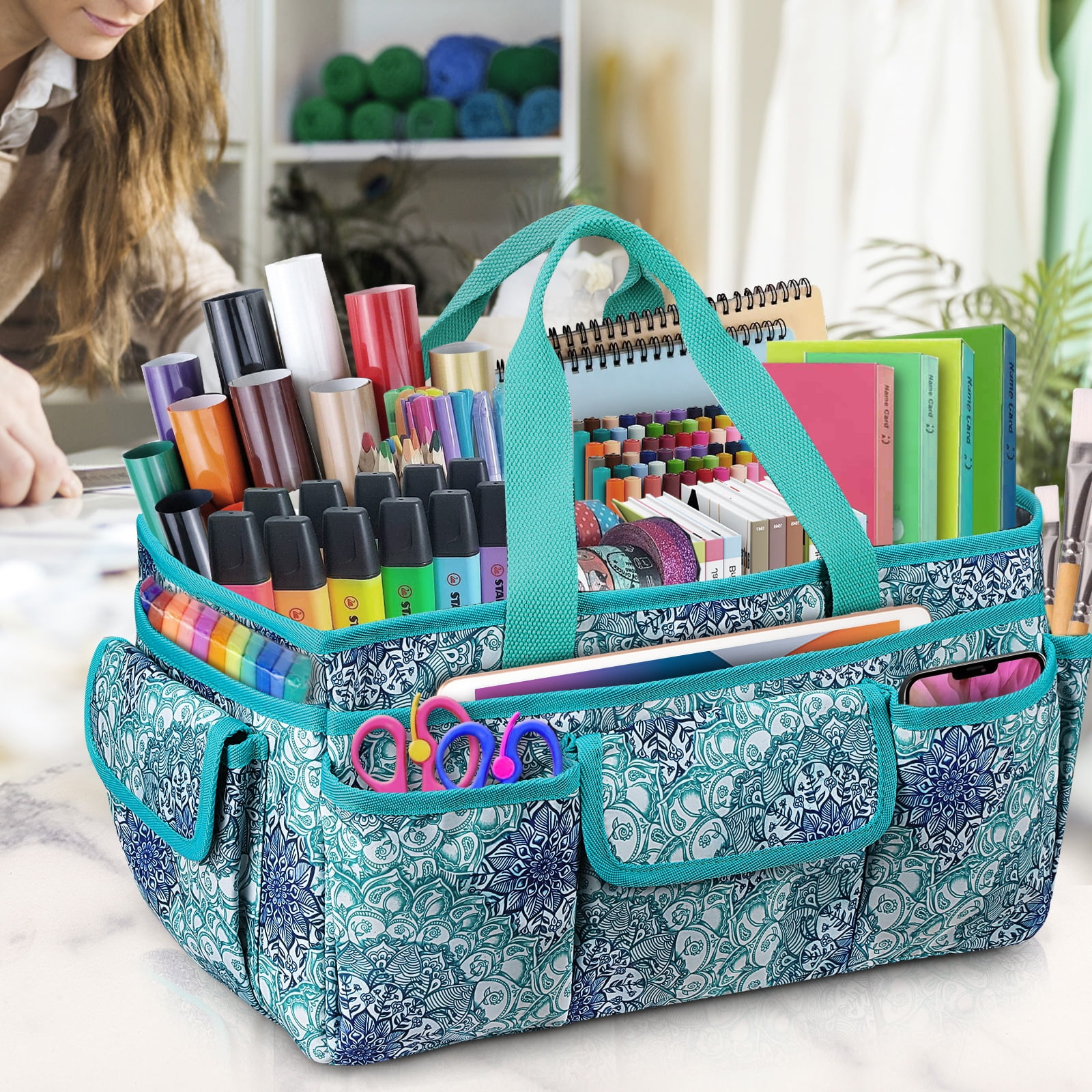 FINPAC Large Craft Storage Tote Bag with Multiple Pockets, Scrapbooking Carrying Case Storage Caddy with Handle for Sewing, Art, Desktop, Baby Care Supplies, Emerald Illusions