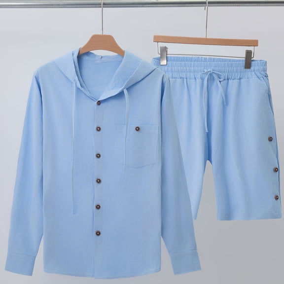 Yusimy Men's Solid Color 2-Piece Linen-Like Hoodie Short Set Button Long Sleeve Elastic Waist Drawstring Pocket Casual