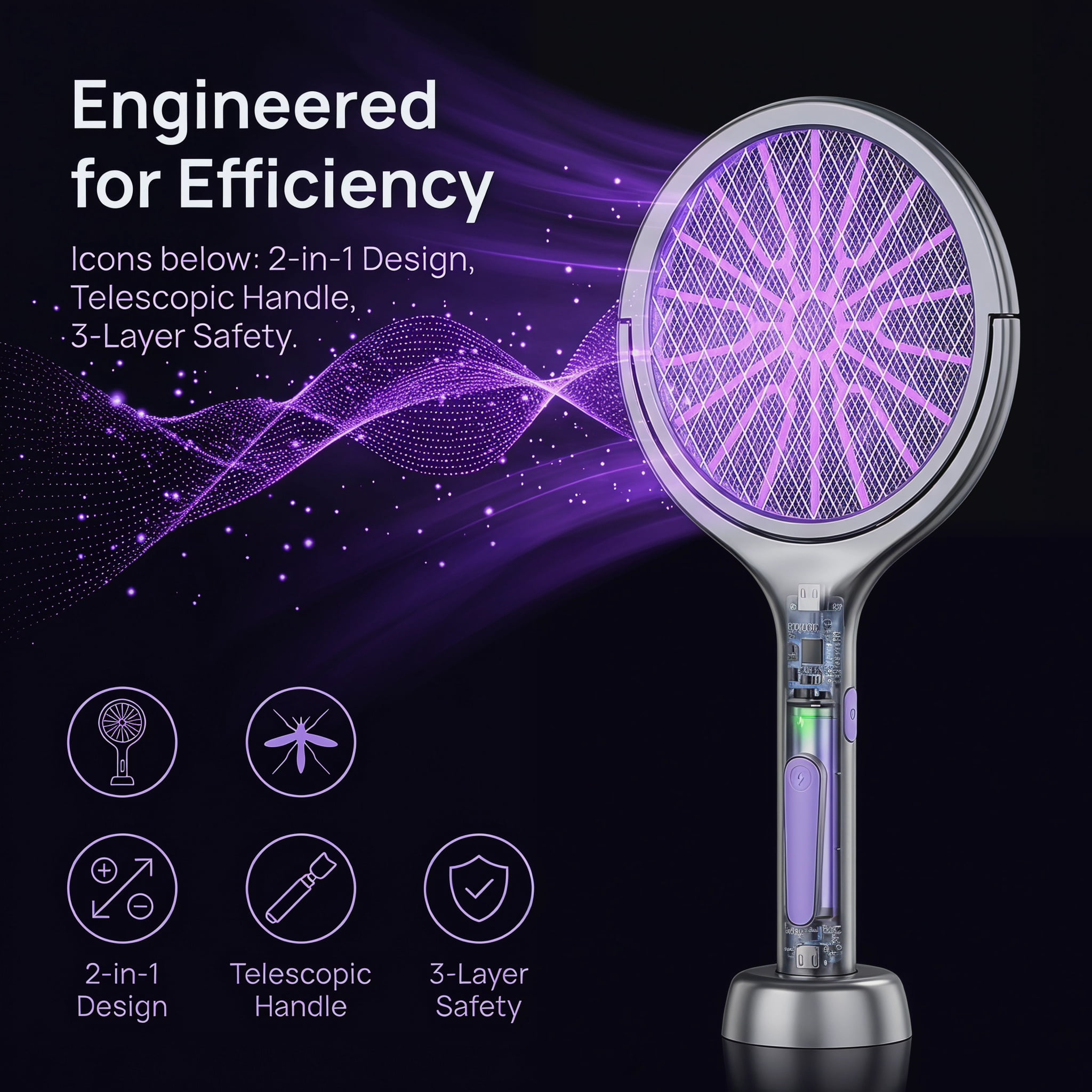 Rechargeable Electric Mosquito Swatter, 2-in-1 Bug Zapper with Extendable Handle for Home Garden Outdoor