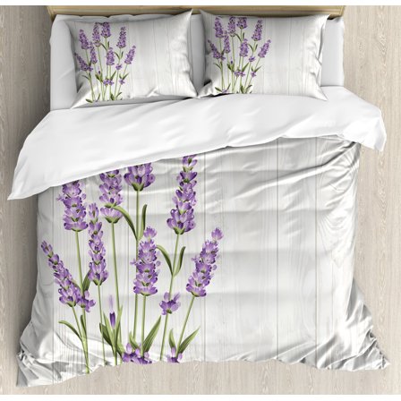 Lavender Queen Size Duvet Cover Set, Aromatic Herbs Bouquet on Rustic Wood Planks Fresh Country, Decorative 3 Piece Bedding Set with 2 Pillow Shams, Lavender Olive Green and Pale Grey, by Ambesonne
