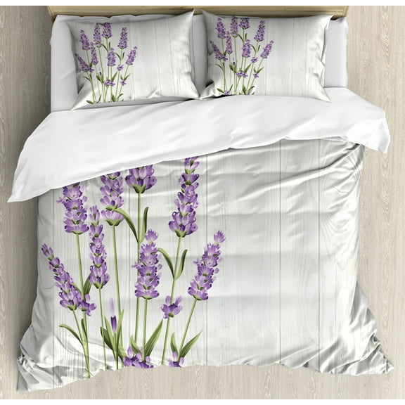 Lavender Queen Size Duvet Cover Set, Aromatic Herbs Bouquet on Rustic Wood Planks Fresh Country, Decorative 3 Piece Bedding Set with 2 Pillow Shams, Lavender Olive Green and Pale Grey, by Ambesonne