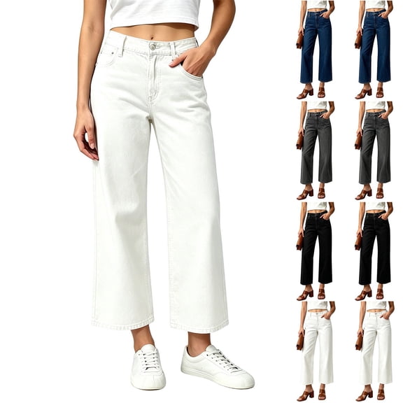 MexChoioe Womens High Waist Cropped Wide Leg Jeans Vintage Washed Denim Pants Casual Loose Cropped Denim Trousers with Pockets