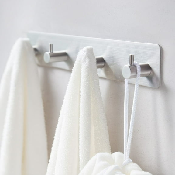 Self Adhesive Hooks, Heavy Duty Stainless Steel Wall Hooks for Towels Keys Coats Bathroom Kitchen, 4 Hooks