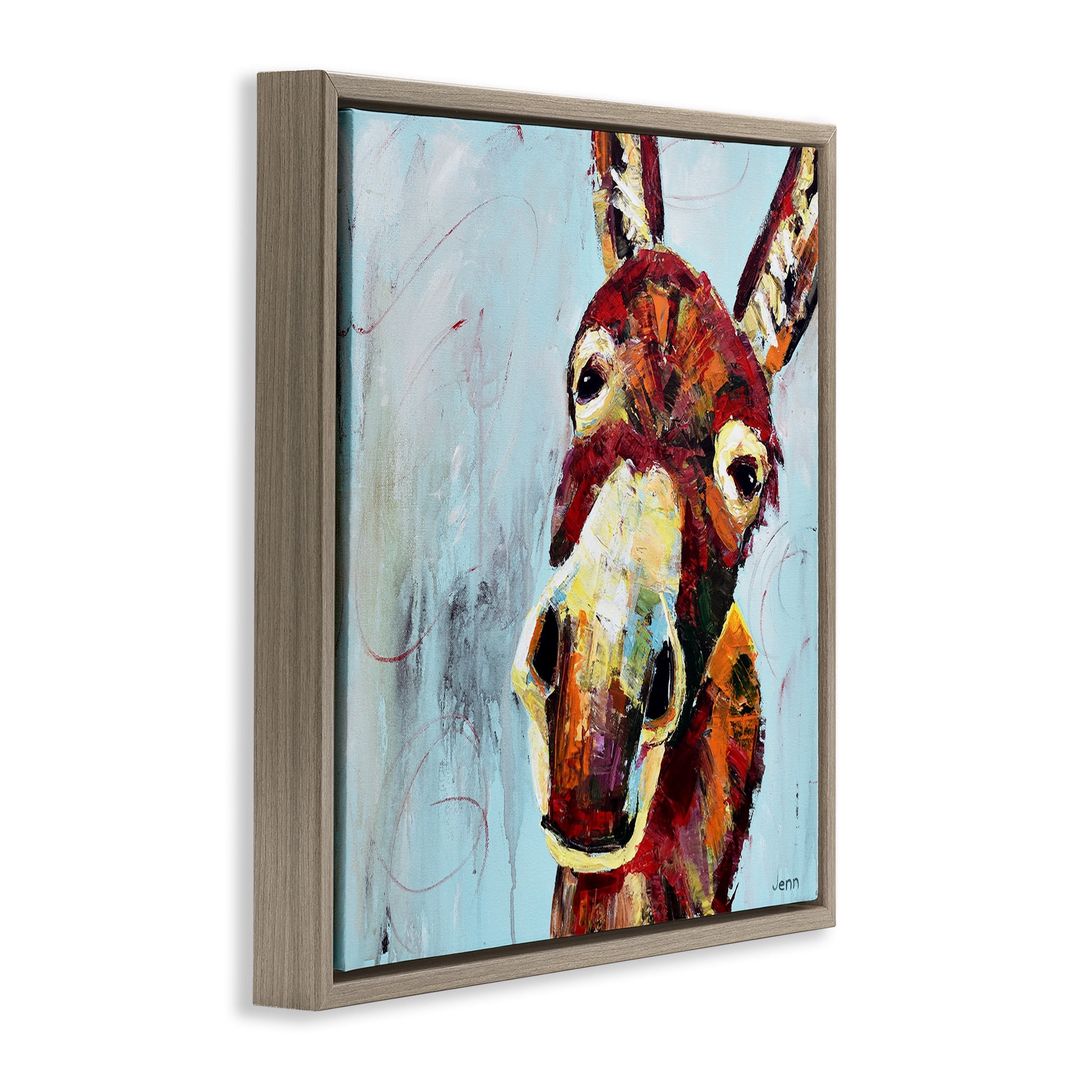 Stupell Industries Donkey Face Blue Background Animals & Insects Painting Brown Floater Framed Canvas Art Print Wall Art, 25 x 25