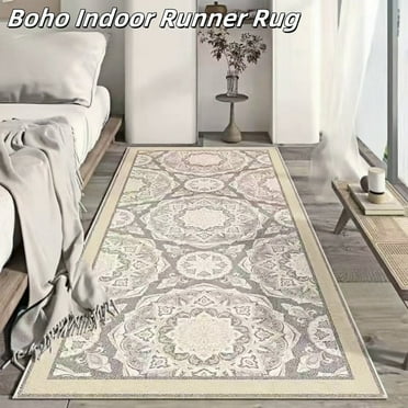 MEHOOM 20"x63"  Boho Runner Rug for Bedroom, Runner Rug Washable Non Slip Rubber Backing, Vintage Geometry Indoor Rugs for Living room, Entrance, Hallway, Gray