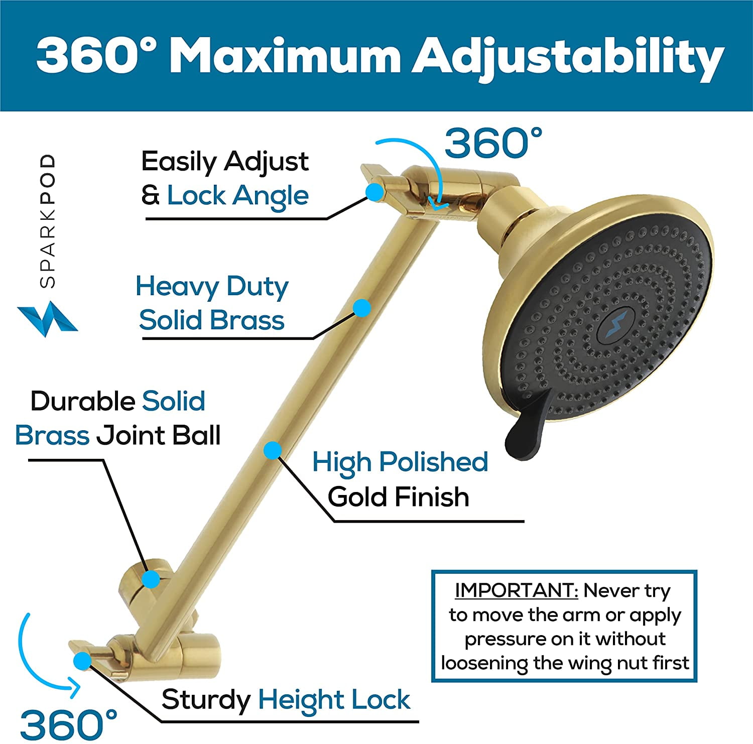 SparkPod Adjustable Shower Head Extension Arm - 11" Brass Rain Shower Arm with Universal Fit (Egyptian Gold)
