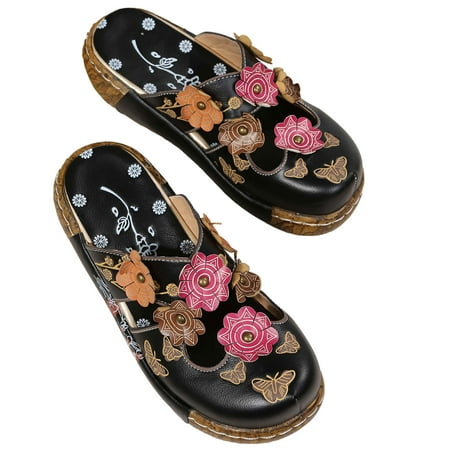 

Dpityserensio Women s Retro Dimensional Flower Material Stitching Sandals Vintage Wedge Shoes Black 7(39)