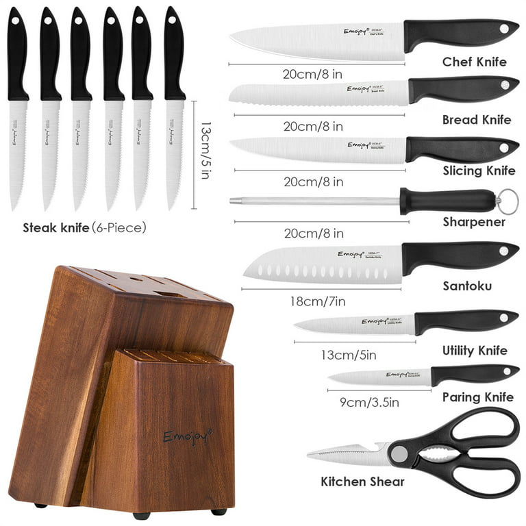 Knife Set 15-Piece Kitchen Knife Set with Sharpener Wooden Block and  Serrated Steak Knives,Emojoy Germany High Carbon Stainless Steel Knife  Block