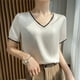 thumbnail image 1 of Blusa informal holgada de manga corta con cuello en V y seda satinada para mujer, color champán, talla M, 1 of 8