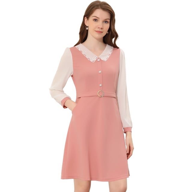 Vestido Midi Elegante Con color De Contraste Y Cuello En V de Manga Larga Para Mujer Rosa M