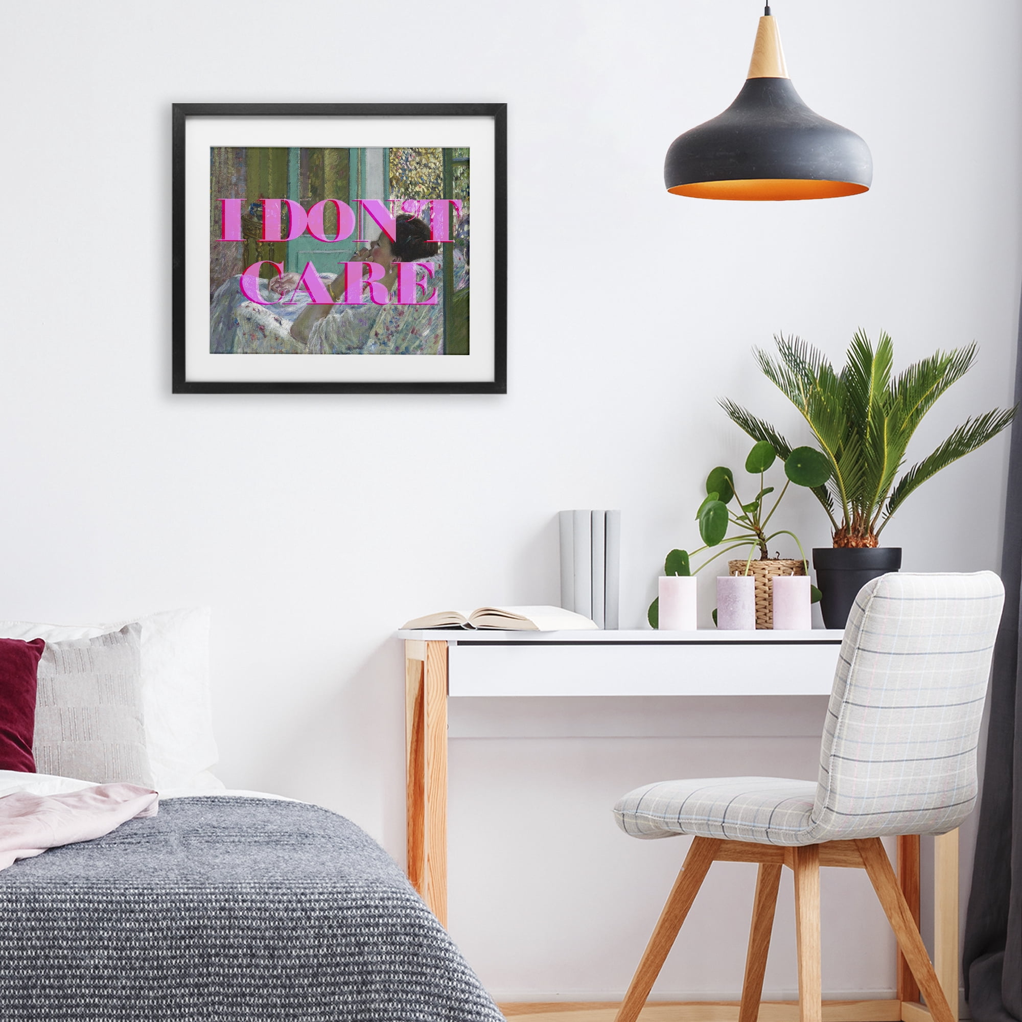 I Don't Care over Classic Painting Black Framed Print Under Glass, design by Lil' Rue