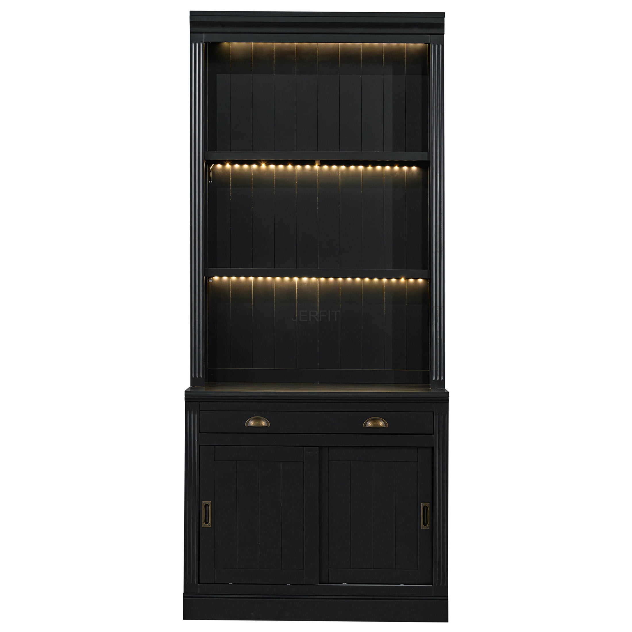 JERFIT 66" Modern Industrial Executive Desk with Qi Wireless Charging, Black Finish, Solid Wood Top for Home Office