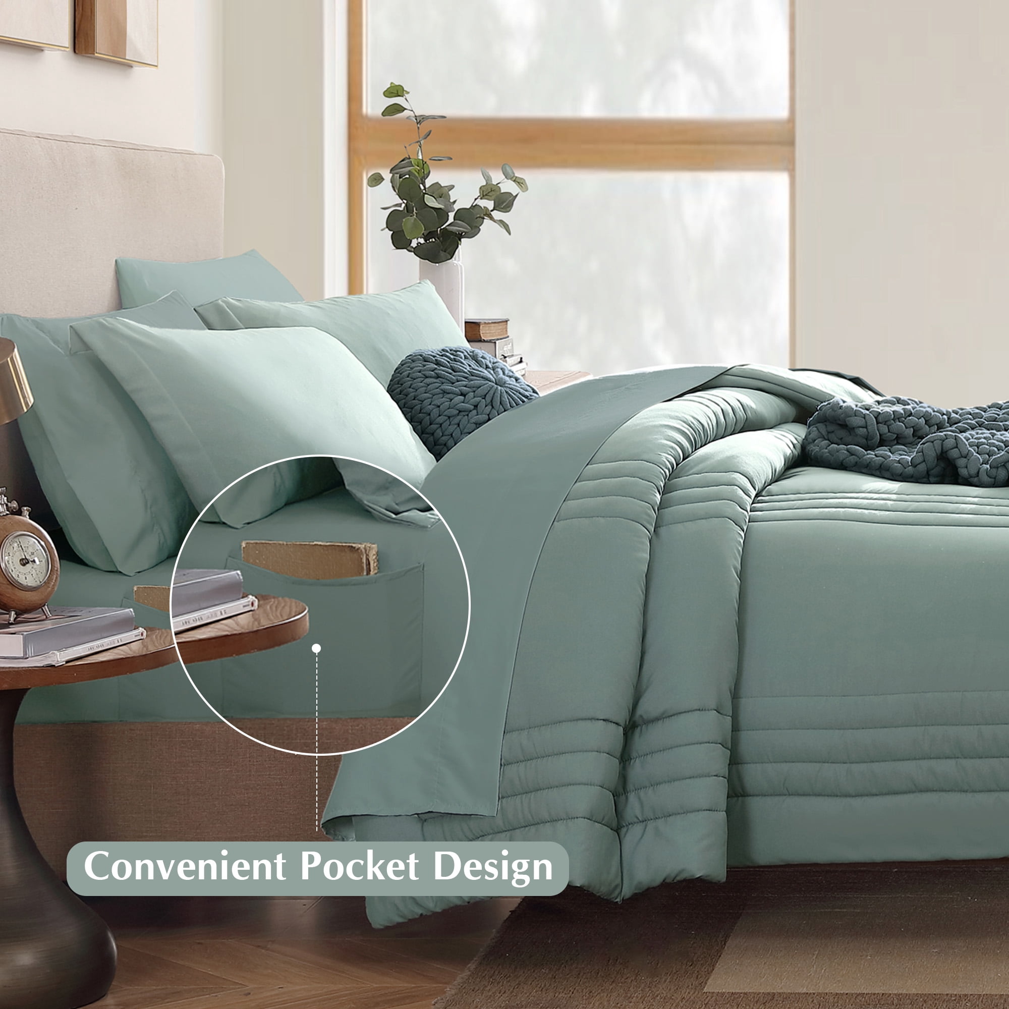 Catami 7-piece Bed in a Bag Comforter Set with Sheets,Sage Green,Queen