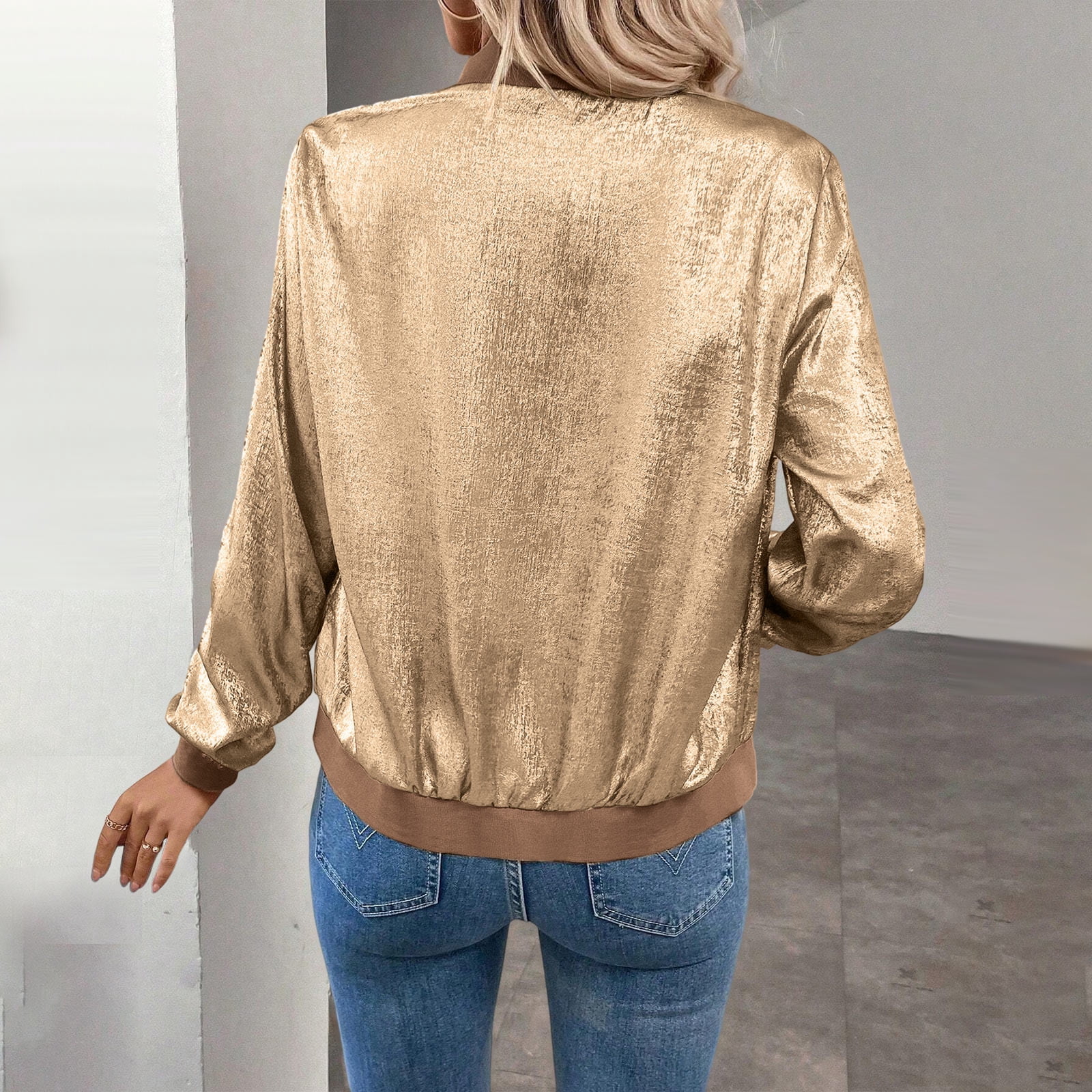 Women's Metallic Zipper Bomber Jacket Outwear Long Sleeve Lightweight Jacket Coats