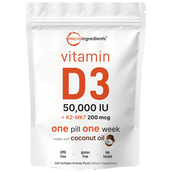 Micro Ingredients Vitamin D3 50,000 IU Plus K2 (MK-7) 200 mcg, 240 Coconut Oil Softgels