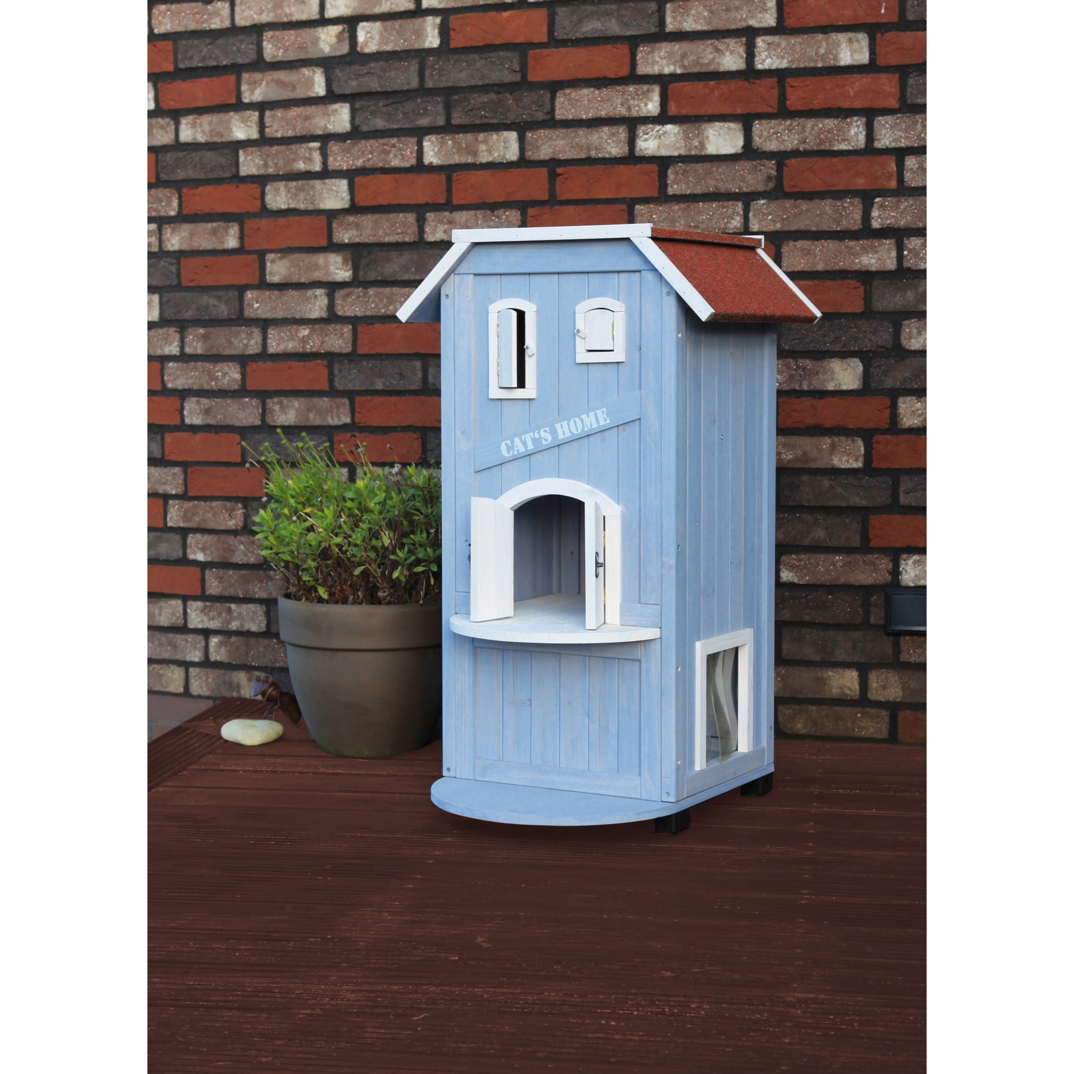 TRIXIE natura 3-Story Weatherproof Small Outdoor Cat House with 2 Entrances, Blue