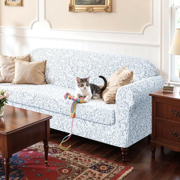 2 Piece Couch Covers, Jacquard Damask 3 Seater Sofa Cover with Seat Cushion, Stretch Sofa Slipcovers Non Slip Furniture Protector for Dogs Pets (Large, Light Grey)