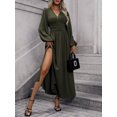 thumbnail image 4 of Women V-Neck Elegant Long Sleeve Pleated Elastic Dresses Casual Classic Side Slit Maxi Dress, 4 of 4