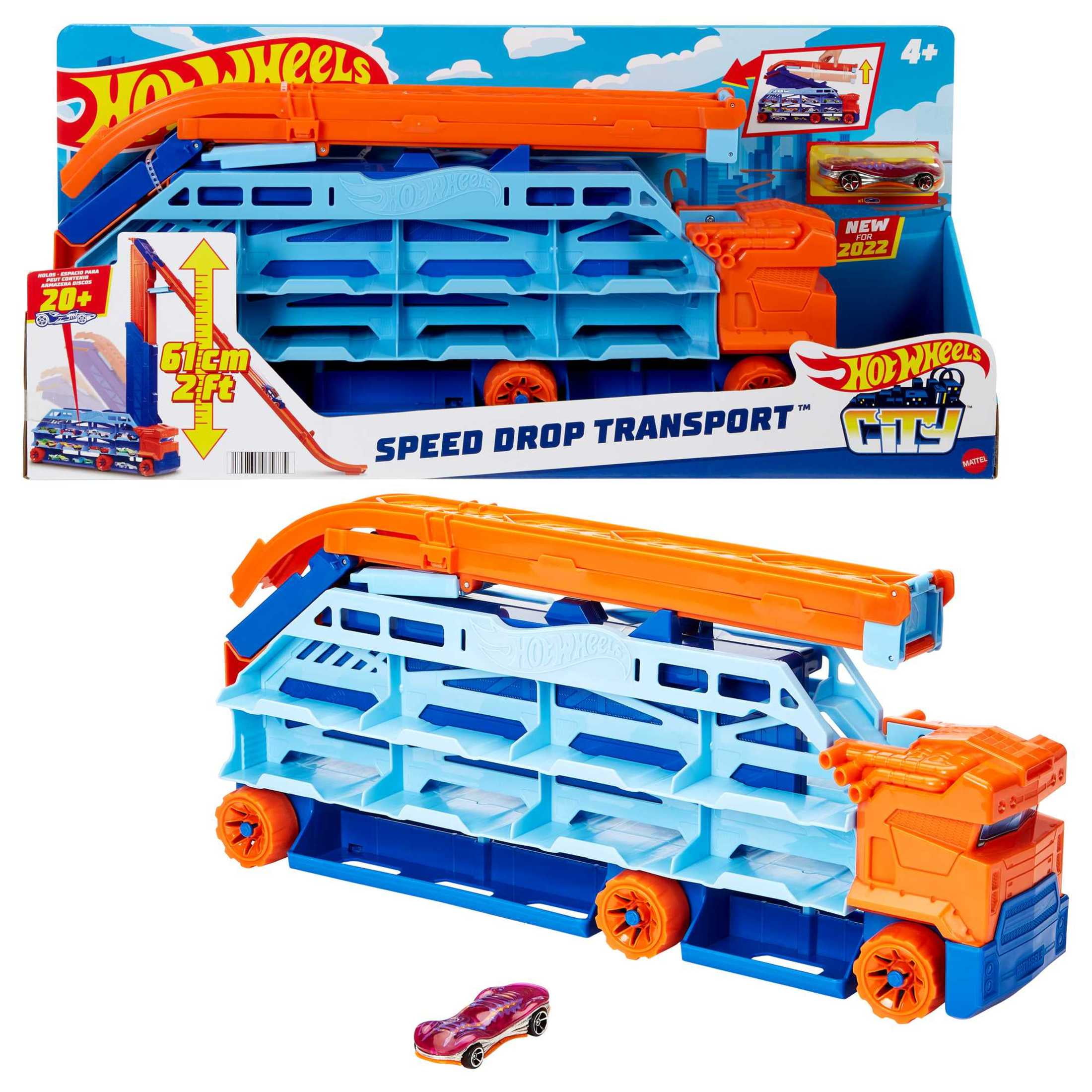 Hot Wheels City Speed Drop Transport Hauler with 1 Toy Car, Stores 20+ 1:64 Scale Vehicles