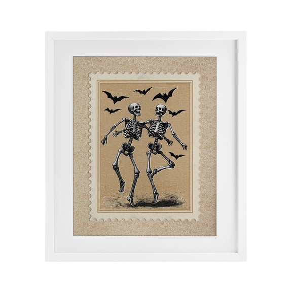 Vintage Dancing Skeletons Stamp White Framed Print Under Glass, design by Arlington Prints