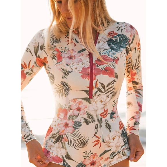 Sociala Women's One Piece Zipper Front Rashguard Swimsuit Floral Surfing Shirt Sun Protection UPF 50