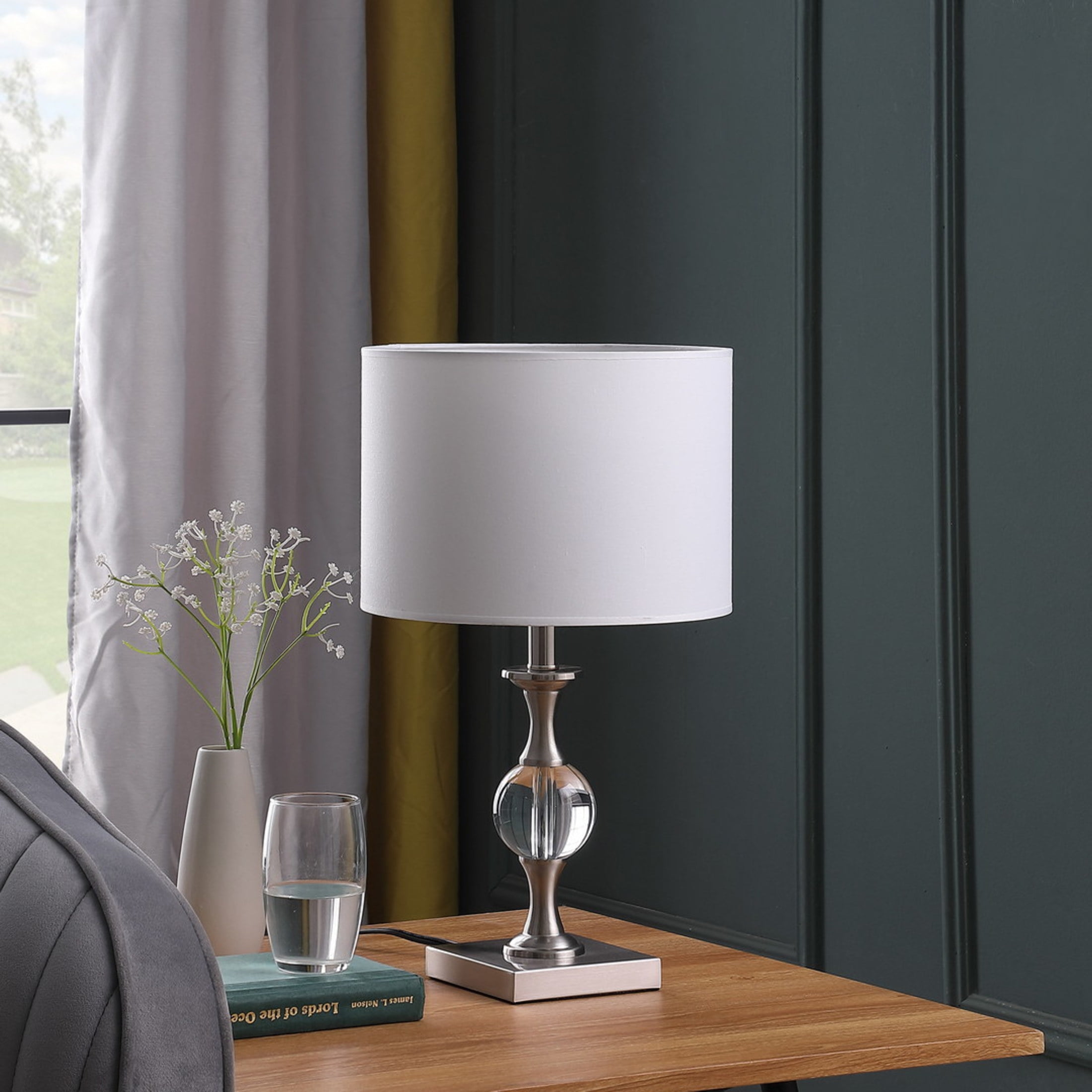 Noble House 19.75" Solid Crystal Orb Table Lamp, Satin Nickel Base, White Drum Shade, E26 Light Bulb, Silver
